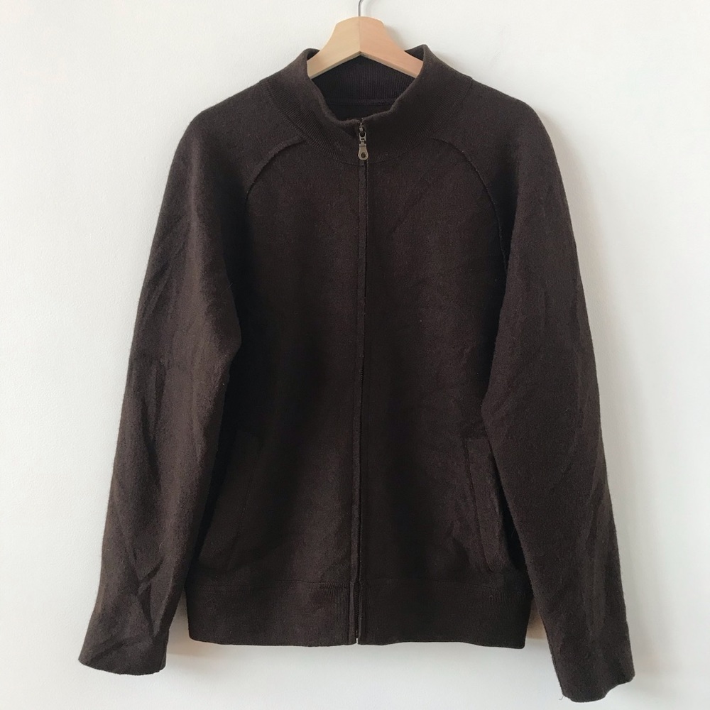 TUMI chocolate brown wool & alpaca bomber jacket